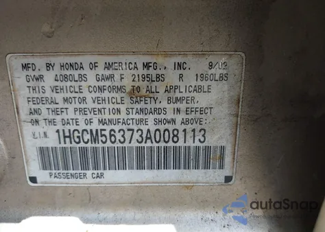 2003 Honda Accord 2.4 Lx из США, поврежденный, VIN 1HGCM56373A008113